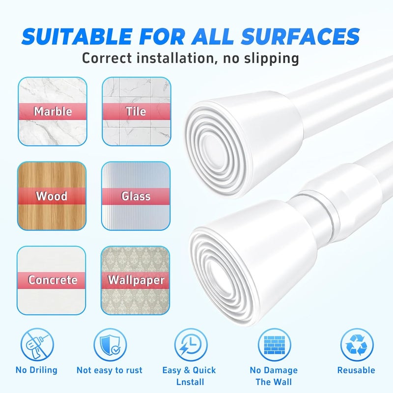 Caserry 2pcs Shower Curtain Rods Adjustable 33-59 Inches, 0.86" Diameter Spring Tension Rod No Drill, Heavy Duty Expandable Rod for Bathroom, Window, Kitchen, Closet, Room Divider, 1.2" Non-Slip Caps, White - Image 4